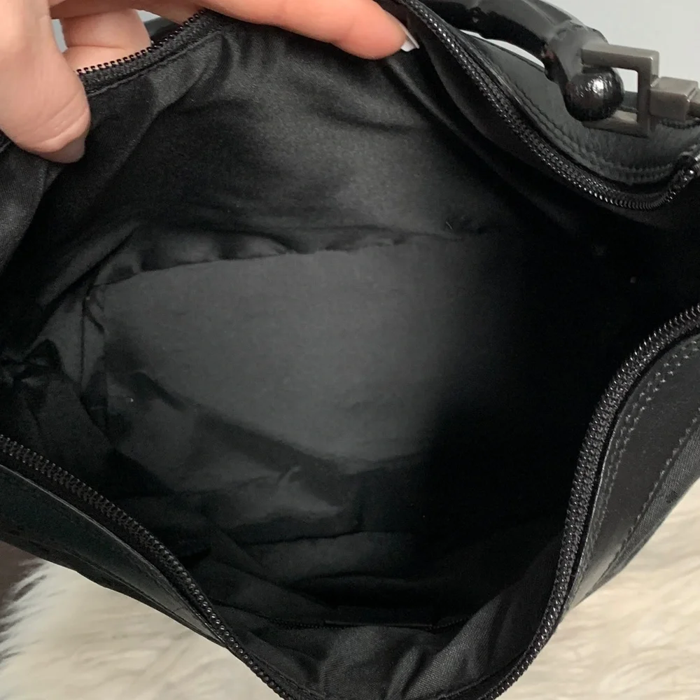 Authentic Gucci black leather and nylon jumbo GG hobo bag w bamboo handle